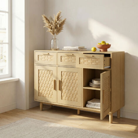 Sideboard aus Holz mit Rattan-Optik, Anrichte mit 3 Schubladen und 3 Türen, 108x40x80 cm, Aufbewahrungsschrank mit Kippschutz, Boho moderner Stil, für Wohnzimmer und Küche, Eiche hell