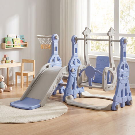 Kinderspielplatz 4 in 1 mit Rutsche, Schaukel und Basketballkorb, 140x118x102 cm, HDPE, Blau