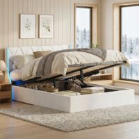 Bett mit Stauraum, Stauraumbett 140x190, Polsterbett mit LED, Stauraumbett Samt, geometrisches Kopfteil, Bett Erwachsene mit Lattenrost, modern(140x190cm, Beige)