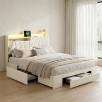 Bett Erwachsene 140x190, 3 Schubladen, USB/Typ-C & Steckdosen, Polsterbett mit LED, Kopfteil mit Stauraum, Samt, moderner Skandi-Stil(140x190cm, Beige)
