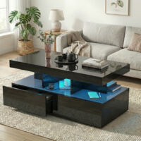 Couchtisch mit LED-Beleuchtung 104x53cm, Wohnzimmertisch Hochglanz mit 2 Schubladen und Stauraum, Kaffeetisch modern mit App-Steuerung, Schwarz