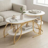 Couchtisch 2er Set, Satztische 80cm & 52cm, Beistelltisch mit 2 Ebenen in Marmor-Optik, Stabiles Metallgestell, Moderner Wohnzimmertisch, Gold