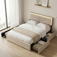 Bett mit 4 Schubladen 140x200 mit Lattenrost, LED-Beleuchtung, gepolstertes Doppelbett mit Steppmuster, Erwachsenenbett mit verstellbarem Kopfteil, Leinenstoff, skandinavischer Stil, Beige