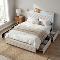 Bett mit 4 Schubladen 140x200 mit Lattenrost, gepolstertes Bett mit Steppmuster, Doppelbett, LED-Beleuchtung und USB/Type-C Anschlüssen, Kopfteil mit Stauraum, Samt, skandinavischer Stil, Beige
