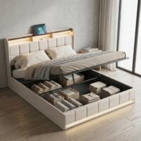 Stauraumbett 160x200 mit Lattenrost, hydraulisches Doppelbett mit RGB LED-Beleuchtung und USB/Type-C Anschlüssen, Erwachsenenbett mit Kopfteil und Stauraum, Leinenstoff, moderner, Beige