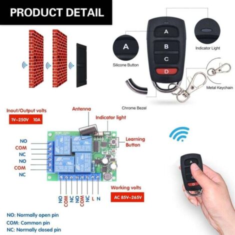 Commutateur Relais 12v Interrupteur Sans Fil 433Mhz 12V 4 Canaux SUYUKUFU - Télécommande Porte Garage, Relais Domotique Contrôle à Distance Sans Fil