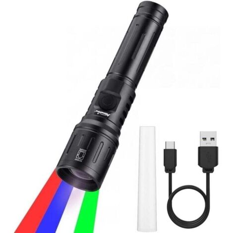X94 RGBW 4 Couleurs Multicolore LED Lampe Torche Rechargeable USB C Blanc Vert Lumière Bleue, Lampe de Poche Rouge Stroboscopique Zoom avec Batterie incluse pour Nuit, Animal, Astronomie (1/4)