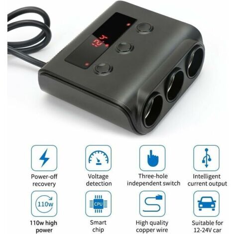 Multiprise Allume Cigare, 240W Allume Cigare Usb Avec Voltmètre Led Et Interrupteur,3 Prise
