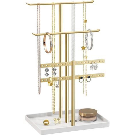Organisateur de Support à Bijoux à 3 Niveaux - Support Solide pour 80 Pièces de Bijoux - Porte-Bijoux Doré - Porte-Bijoux pour Colliers, Boucles d'oreilles, Bracelets, Bagues - Cadeau pour Femmes