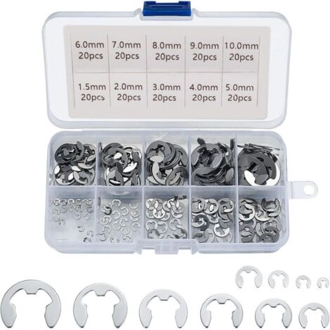 Anneaux élastiques externes en acier inoxydable 304, assortiment de 200 anneaux élastiques de 1,5/2/3/4/5/6/7/8/9/10 mm, usages divers. (1/4)