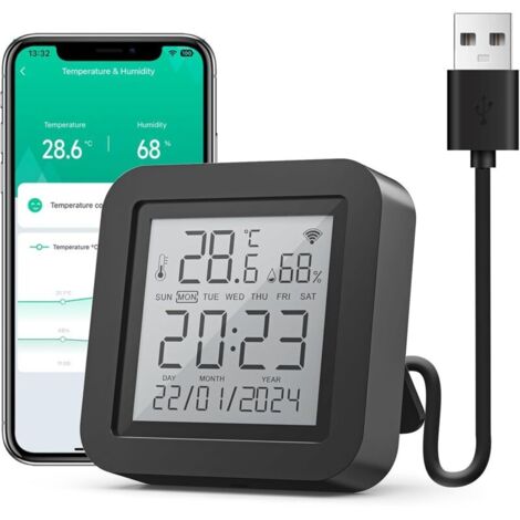 Thermomètre Hygromètre Connecté, WiFi Thermomètre Intérieur Capteur Humidité avec Alertes sur l'App, Contrôle par l’APP, Thermo-hygromètre pour Cave à Vin, Compatible avec Alexa