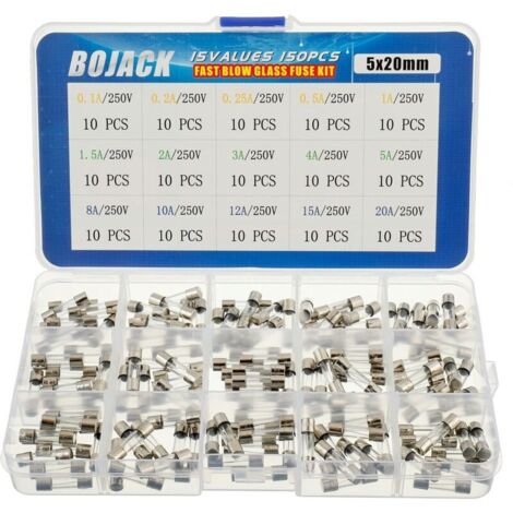 15 Valeurs Assortiment de fusibles en verre avec raccord rapide 150pcs 5x20mm 250V 0,1 0,2 0,25 0,5 1 1,5 2 3 4 5 8 10 12 15 20A Conditionnement en boite plastique transparente