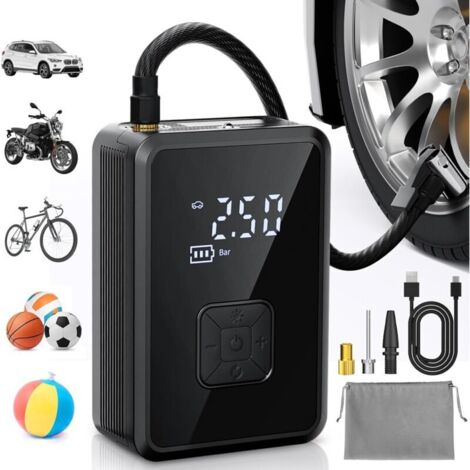 Gonfleur Pneus Voiture sans Fil Mini Compresseur à Air Portatif 150 PSI (10,3 Bar) Inflation Rapide Cylindre 17 mm Type-C USB Charge avec Tuyau de 30 cm et Sac de Rangement