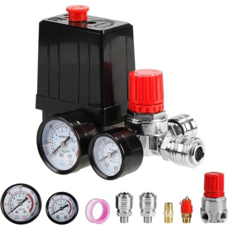 220V Pressostat Compresseur d'Air 4 Trous Regulateur de Pression pour Air Compresseur avec Manomètre Soupape de Sécurité Raccords 90-120 PSI Valve de Contrôle du Pressostat du Compresseur d'Air