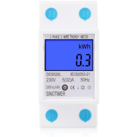 Compteur électrique, Compteur D'Énergie 230V 5 (32) A 2 fils 2P Écran Numérique LCD avec rail DIN Monophasé Électronique Rail-Électronique d'alimentation numérique KWh (1/4)