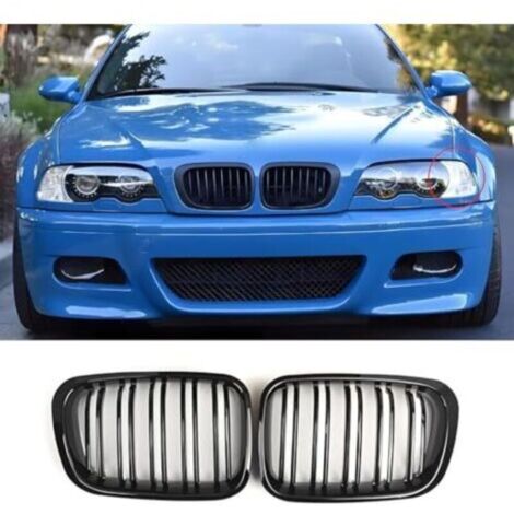 Calandre noire pour BMW Série 3 E46 2 portes (1998-2001) - Version restylée - Noir brillant - Double barre sport (ne convient pas aux modèles 4 portes) (Pour Série 3 E46 2 portes (199