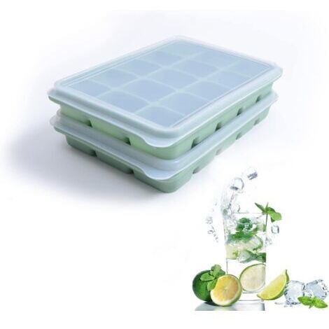 Lot de 2 bacs à glaçons, 15 moules à glaçons flexibles en silicone, empilables pour whisky, aliments pour bébé, sans BPA (VERT BAMBOU) (1/5)