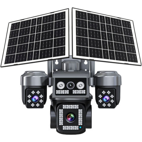 Caméra de Surveillance Solaire 4G Quadruple Objectif - 4 Écrans Simultanés, AOV Basse Consommation, IP66 Étanche, Vision Nocturne 30m, Détection Humaine, Audio Bidirectionnel, 128Go Carte SD Incluse