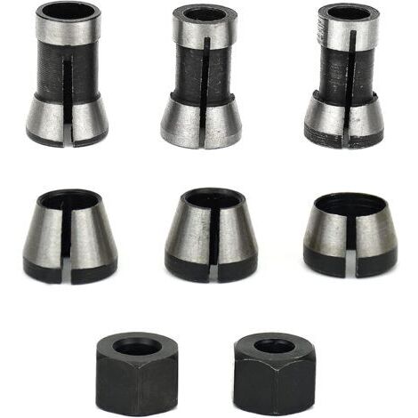 6Pcs Mandrin de Fraiseuse, 6 mm 6.35 mm 8 mm Collet Mandrin Affleureuse, Mandrin de Fraise à Bois, Pince de Serrage Defonceuse, Adaptateurs de Pince pour Machine à Graver +2 Écrous