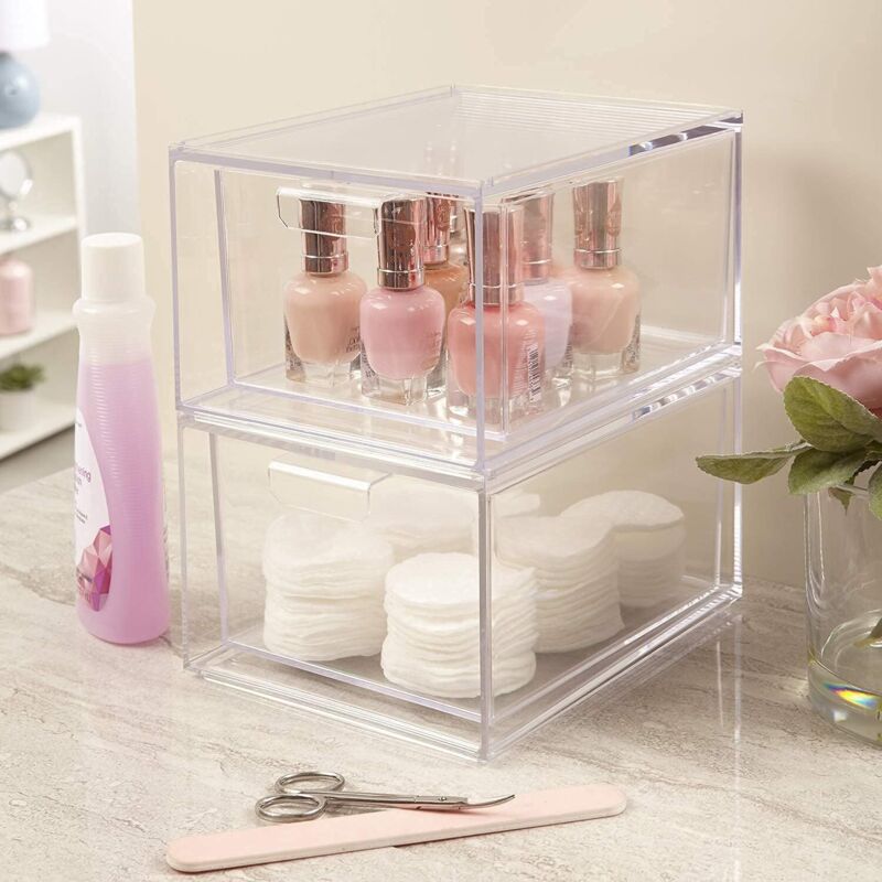 Lot De 2 Tiroirs Empilables En Acrylique Transparent - Organisateur Maquillage, Bureau, 20x15x12 Cm