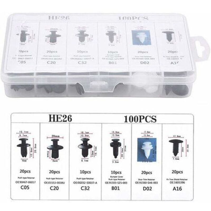 Kit De 100 Clips De Fixation Auto - 6 Types De Rivets Plastique Pour Pare-chocs, Portes, Jupes Latérales