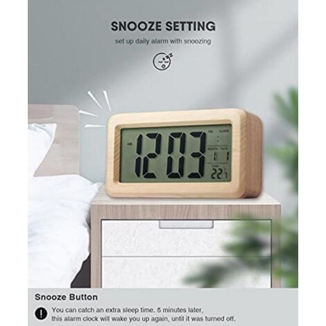 Plumeet Réveil Numérique En Bois Naturel – 4" LCD Avec Répétition, Veilleuse Orange, Date, Température, Marron Sapele