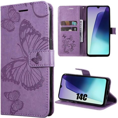 Coque de protection - Xiaomi - Redmi 14C - Antichoc - Effet cuir violet - Motif papillon (1/4)