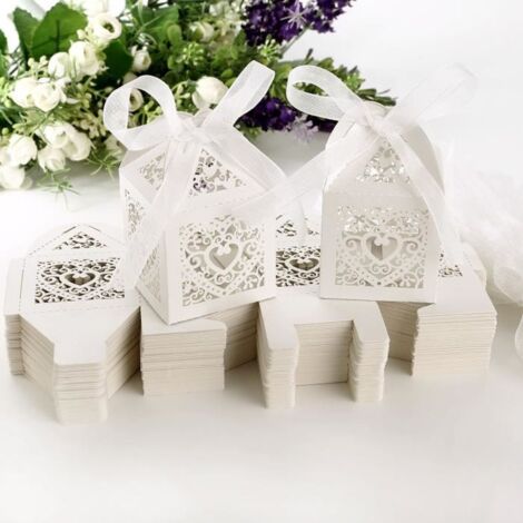 100pcs Boîte à dragées Bonbonnière Cage avec ruban Vigne Coeur carte ivoire nacré pour mariage. Taille: d\'environ 5 x 5 x 7,5 cm