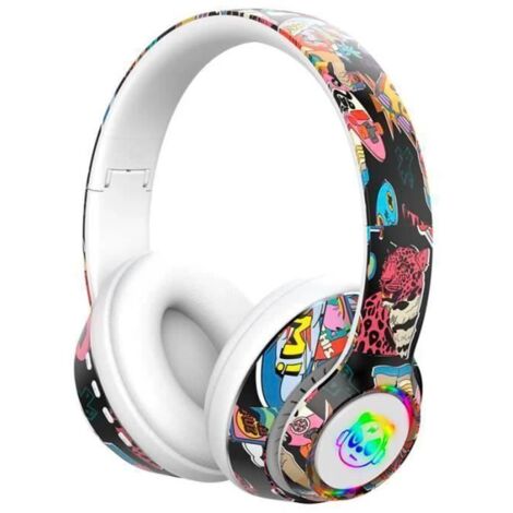 Casque Stéréo Sans Fil Bluetooth Pliable Graffiti Avec Lumière LED, Blanc (1/4)
