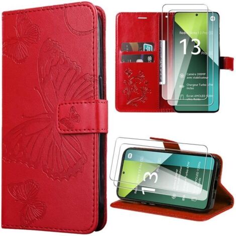 Coque - Xiaomi - Redmi Note 13 Pro 5G - Rouge - Effet Cuir - Motif Papillon - Béquille Réglable (1/4)