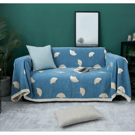 Housse de canapé - - Chenille - 180 360 cm - Extensible - Antidérapante - Imprimée bleu (1/5)