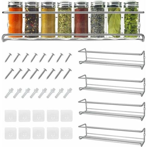 Étagère à épices sans perçage 4 pièces en métal pour cuisine, étagère murale autocollante pour comptoir de cuisine, porte (1/4)