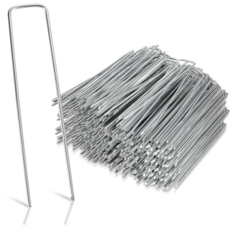 Set 150 Piquets de fixation en acier galvanisé Ø3mm 150x40mm, piquet ancrage sol jardin, pour Bâche Anti-Mauvaises Herbes (1/4)