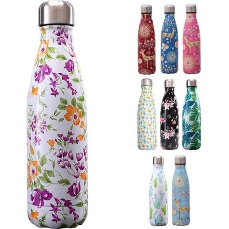 500ml Bouteille d\'eau Sport Gourde Inox Isotherme Impression A: Blanc-Fleurs (1/4)