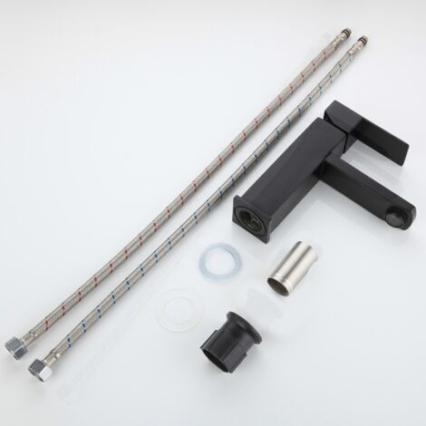 Robinet d'évier en laiton/zinc, noir, eau chaude/froide, flexibles, bec bas, levier unique [QLI-FA-4311] (1/5)