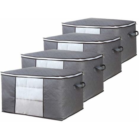 Sac de Rangement Vetement Lot de 4, Grande Non-Tissé Sac de Rangement sous Lit avec Poignée pour Couette Vêtements édredons Couvertures Oreillers Jouets, 60 x 40 x 35 cm, Gris (1/4)