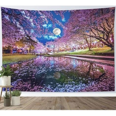 Tapisserie Murale -   - Fleur Cerisier Rose - Ciel Bleu - 200x150cm - Design Contemporain (1/4)