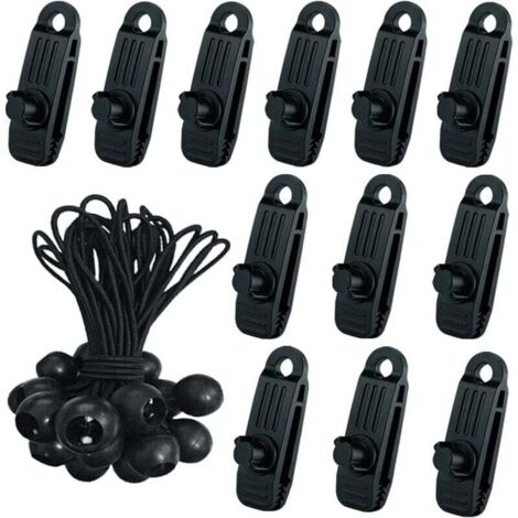24 Pcs Clip de Tente Bâche avec 12x Pince pour bache et 12x Tendeur Corde Elastique, Pince a oeillet pour bache Camping Accessoires pour Tentes, bache Piscine, Bâches, Auvents, Gazebos Tente- (1/5)