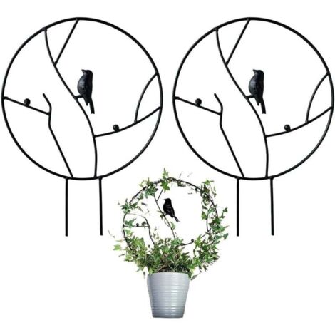 Lot de 2 treillis de jardin en fer pour plantes grimpantes, petit treillis antirouille de 40,6 cm pour plantes d'intérieur en pot, treillis rond avec oiseau – Noir (1/4)