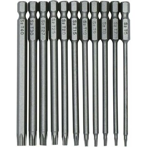 11 Pièces 100mm S2 1/4Pouce Torx Tournevis Bits à Tige Hexagonale de Précision Foret Tournevis Magnétique de Sécurité T6-T40 Tournevis à Tête Longue Torx -- (1/5)