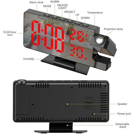 Réveil Numérique à Projection LED – Heure Au Plafond, Alarme Puissante, Snooze, Température, Date, Mode Nuit Dimmable