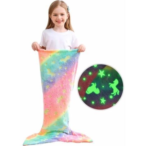 Couverture Queue de sirène pour enfants Brille dans le noir Cadeau pour fille en flanelle douce arc-en-ciel 100 x 43 cm