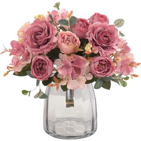 Lot de 2 bouquets de fleurs artificielles pivoine et hortensia – Résistants aux UV – Décoration mariage et centre de table – Fleurs réalistes – Jormftte