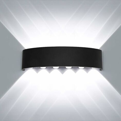 Applique murale noire LED 12W – Aluminium étanche – Lumière blanche froide – Pour salon, chambre, couloir, escalier – Zone d'éclairage 3 à 9 m²