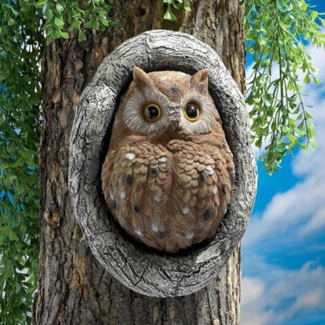 Sculpture de hibou dans un trou d\'arbre, 17,5 x 24 cm, convient pour les sculptures dans les jardins, les cours, les portes (1/4)