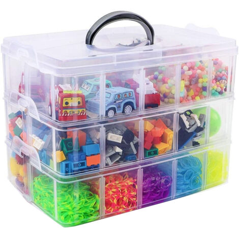 Boite de rangement empilable 3 étages en plastique transparent – 30 compartiments réglables – Dimensions 24x17x18 cm – Pour jouets et loisirs créatifs – Mowze