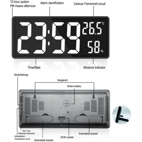 Réveil Numérique Grand écran LED - Affichage Courbé Silencieux Avec Réglage Luminosité, Pour Bureau Et Chambre - 8
