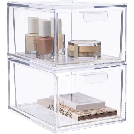 Tiroirs empilables pour cosmétiques – Lot de 2 tiroirs en acrylique transparent – Rangement pratique pour salle de bain et cuisine – Mowze