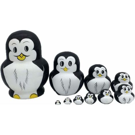 Lot de 10 poupées russes en forme de pingouins en bois (1/5)