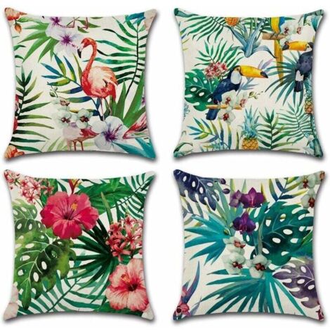 Lot de 4 housses de coussin en coton et lin Motif plantes tropicales 45 x 45 cm, Lin Coton, a, 45 x 45 Centimeters (1/5)